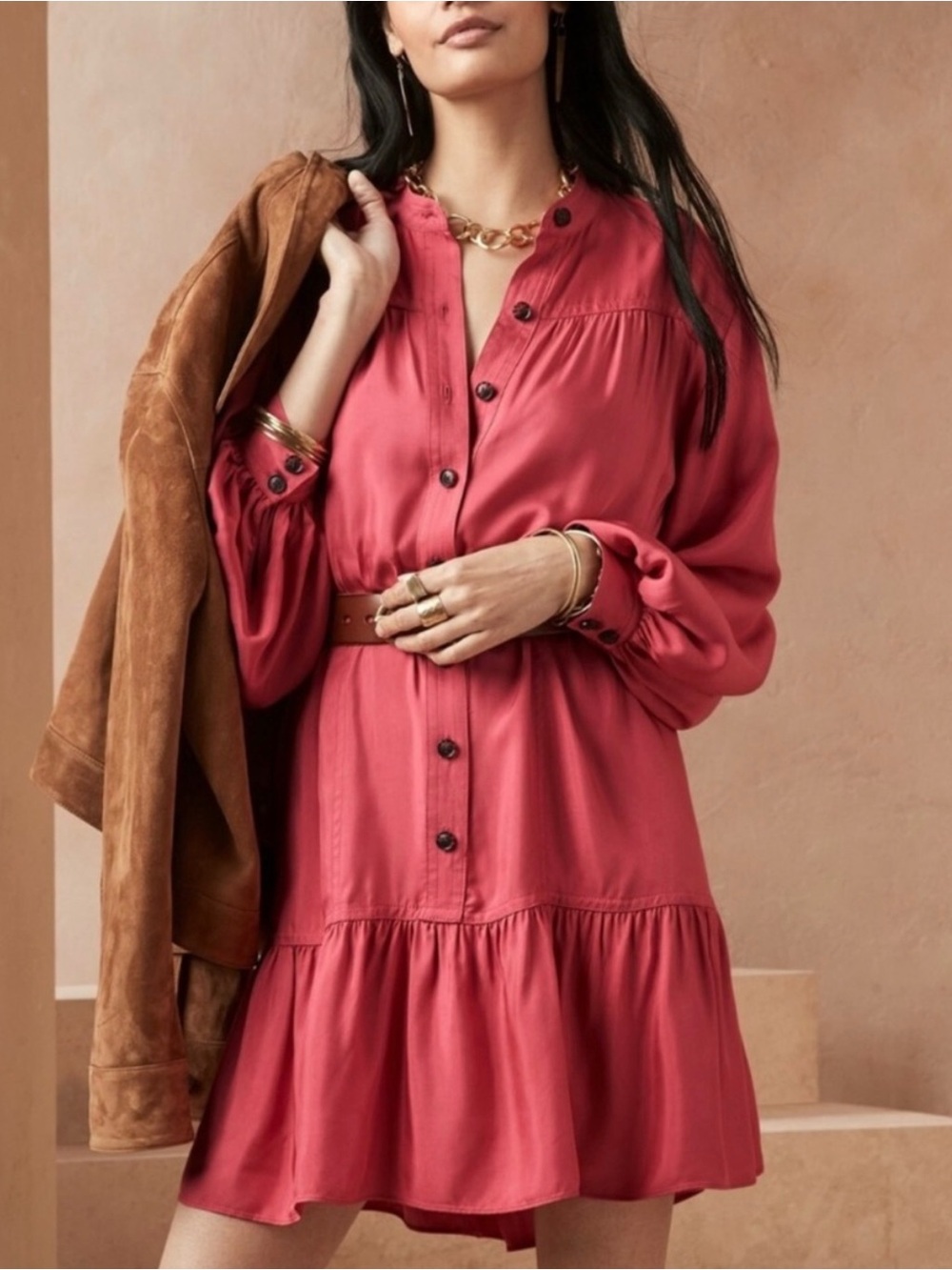 Banana Republic Pink Long Sleeve Utility Flounce Hem Dress Size Petite Small